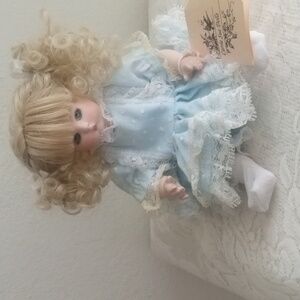 Reproduction Just Me  Miniature Porcelain  Doll Jointed Full Body  Blue 9"